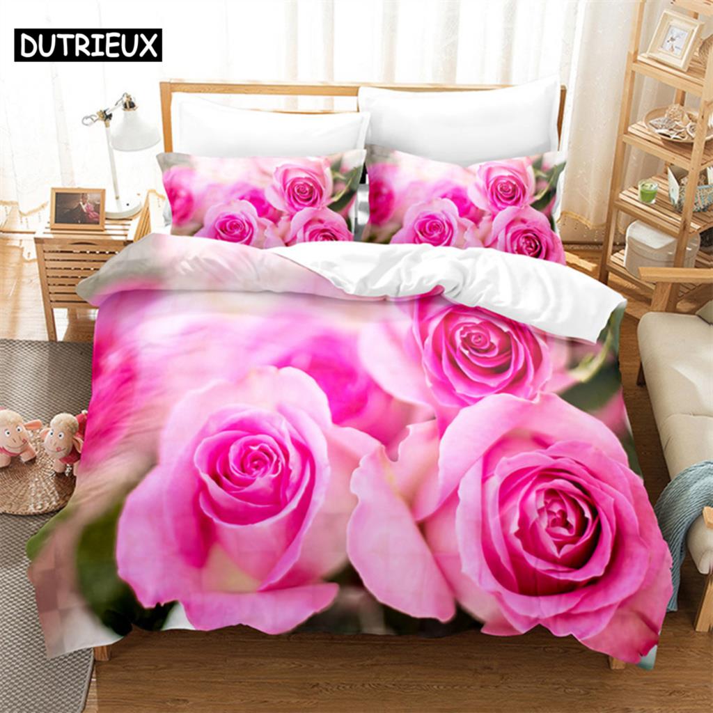 Rosenrosa Verliebte Queen Bettwäsche-Set Bettbezug Kinderzimmer Bett-Set Deckenbezug-Set King-Size Bettbezug-Set Bettwäsche-Sets