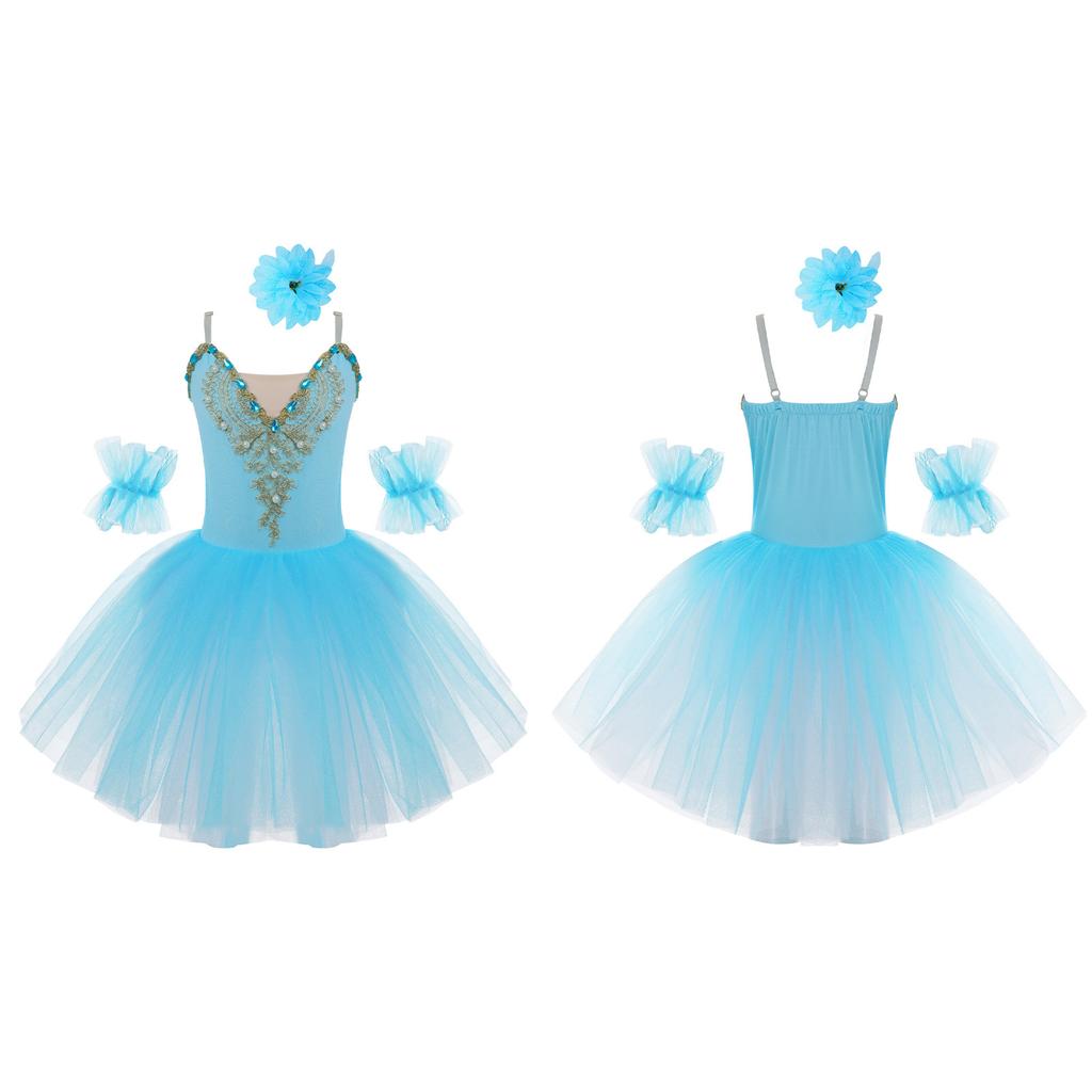 Girls Ballet Dance Dress, Sleeveless Tutu with Spaghetti Straps, Rhinestone & Lace Decor, Mesh Skirt + Headdress & Ruffle Band