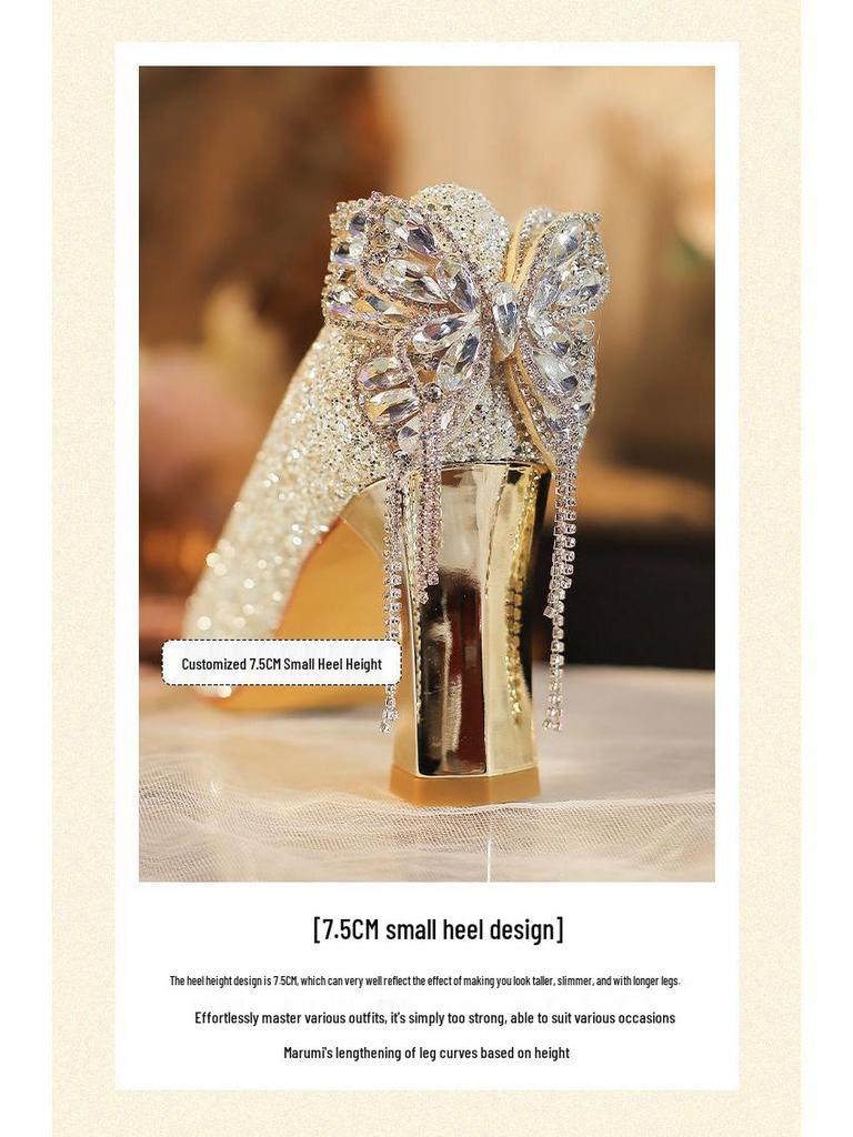 Sparkly French Butterfly Tassel Rhinestone High Heels - Women's Pointed Toe Chunky Heel Wedding & Evening Shoes