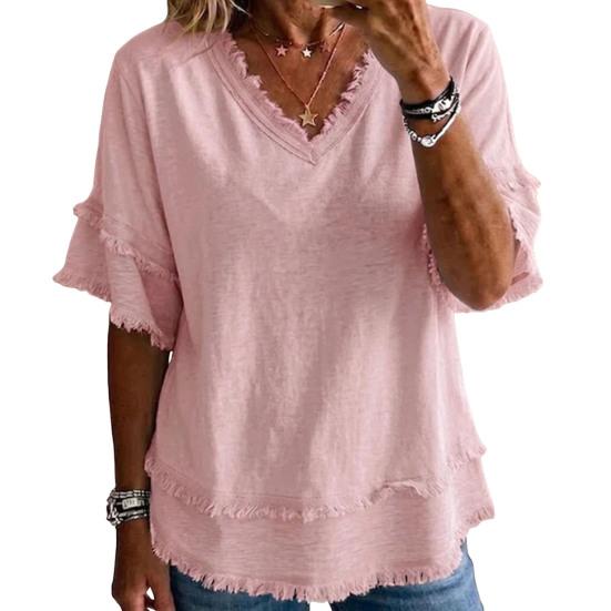 Women Tops, V-Neck Half Sleeve Summer T-shirt, Pure Color Loose Fit Tee Shirt with Fringe Trim, Casual Blouse for Work Party Vacation Office Date
