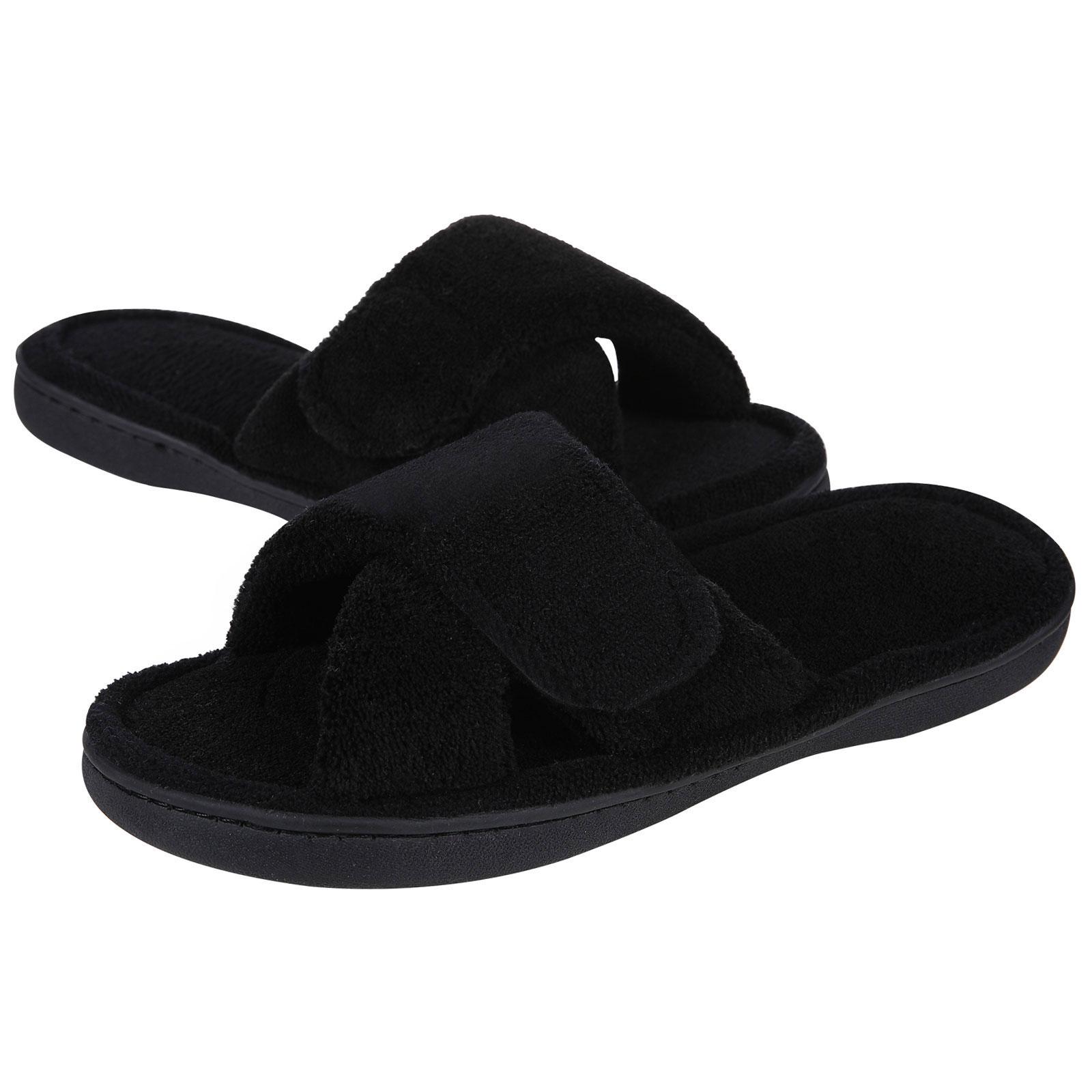 

модные женские тапочки Shevalues с открытым носком, летние мягкие домашние сандалии с эффектом памяти, нескользящие регулируемые тапочки из махровой ткани 44-45(10.4-10.6inch) чёрный