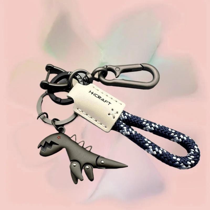 Car Keychain with Little Dino Accent, Single Braided Leather Rope, Metal Key Holder, Motorcycle & Bag Add-Ons