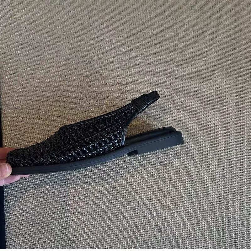 Spot Version~ Summer New French Round Head Hollow Woven Sandals with Breathable and Comfortable Shallow Mouth Single Shoes Women