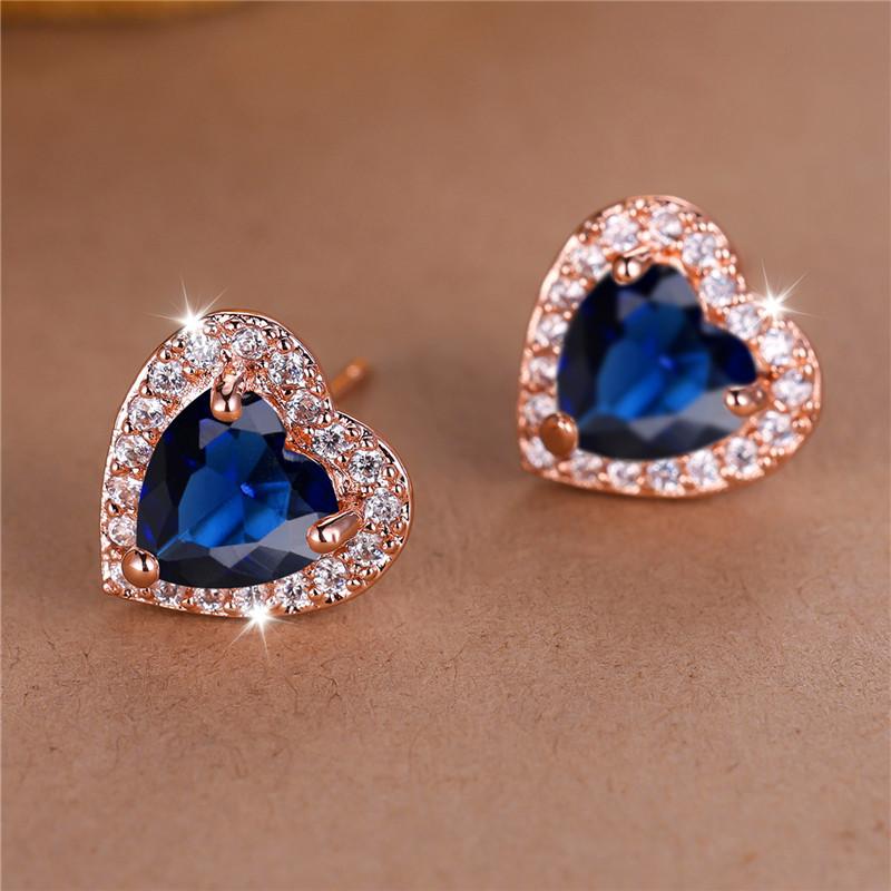 Boho Female Blue Heart Zircon Stone Earrings Cute Rose Gold Color Summer Wedding  For Women