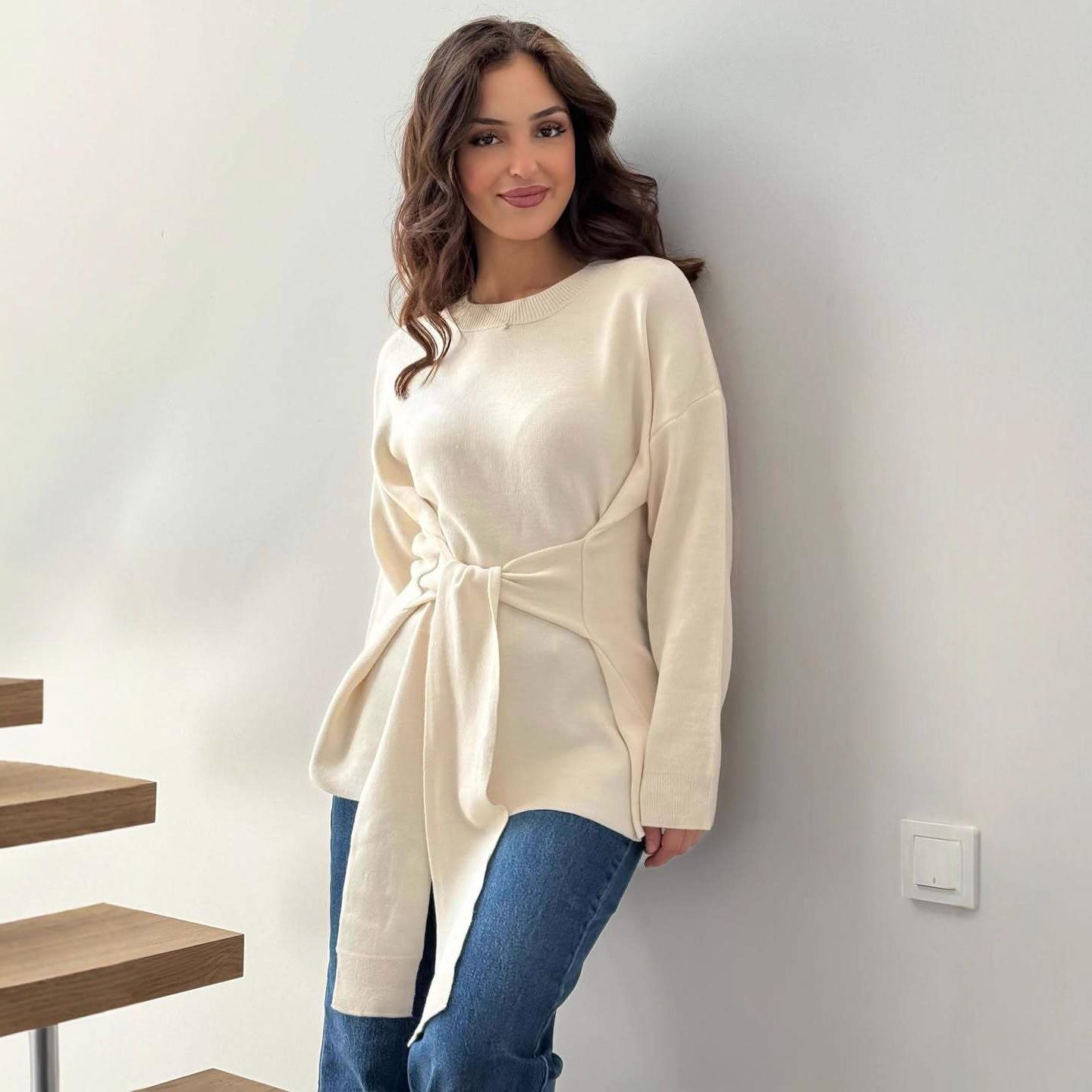 2025 Autumn Women s Fashion: European-American Round Neck Long Sleeve Waist-Gathering Knit Sweater XL