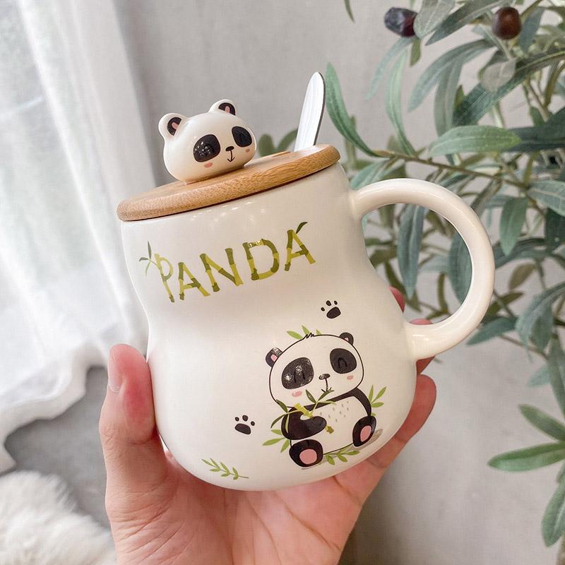 Roztomilý kreslený panda Keramický hrnek 400ml S víčkem a lžičkou Kávové hrnky Hrnky na mléčný čaj Snídaňový šálek Nápojové sklo Novinka Dárky