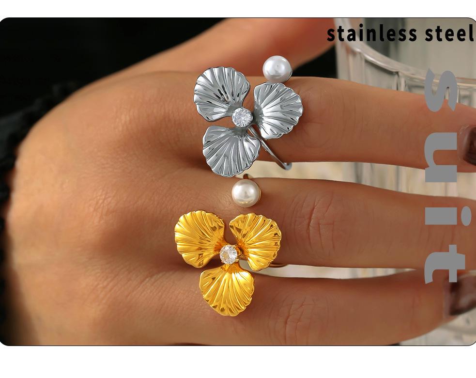 European & American Luxurious Titanium Steel Imitation Pearl Flower Ring – 18K Gold, Colorfast, Open & Adjustable – Fashionable Earrings Included