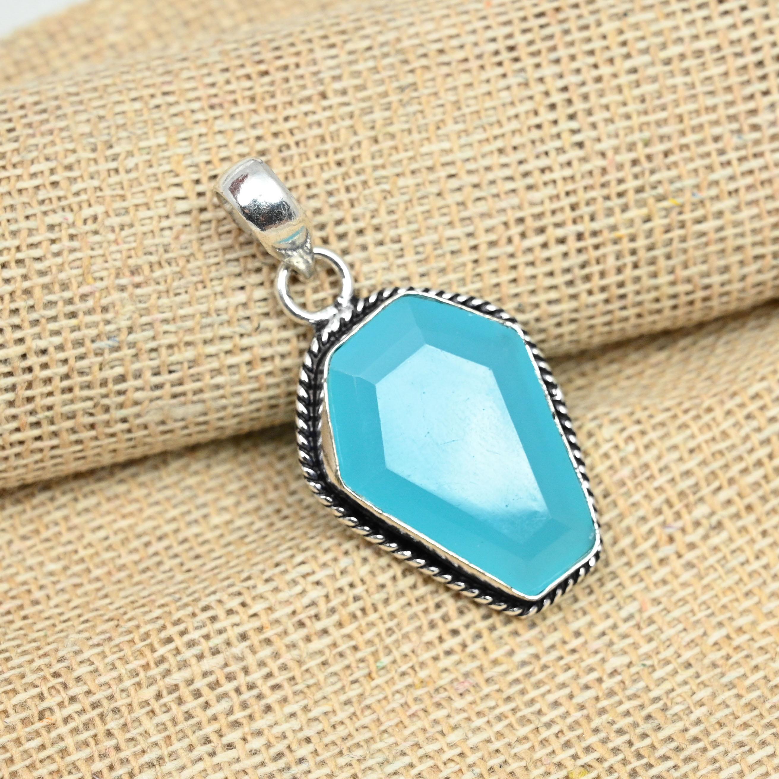 

Синий халцедон, драгоценный камень, стерлинговое серебро 925 пробы, подвеска ручной работы в форме гроба, ювелирные изделия 1.57 Inches синий