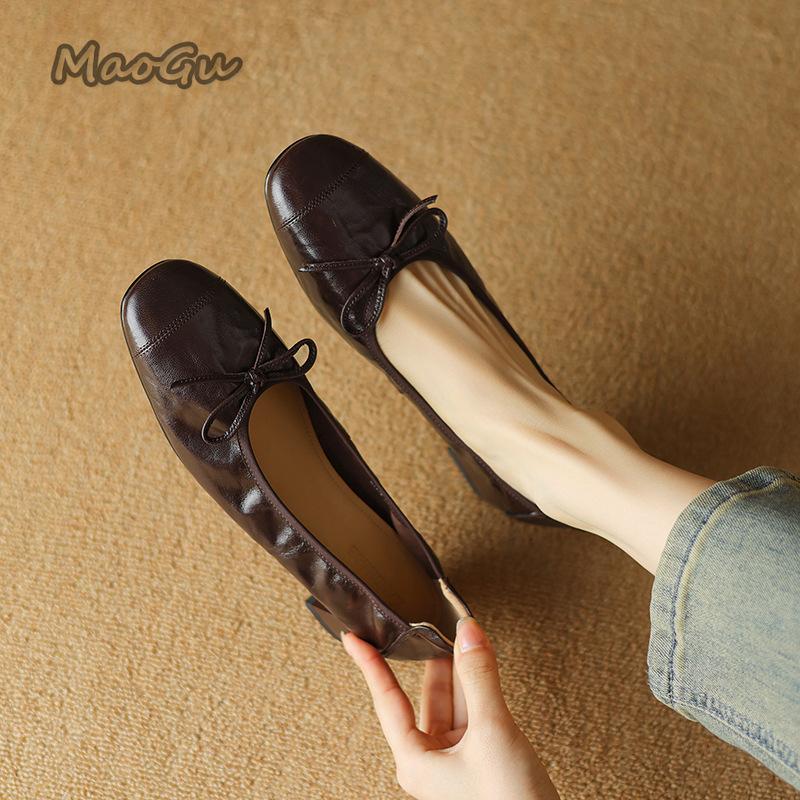Fashion Soft Pu Leather Single Shoes for Women Shallow Bow Ballet Flats Round Toe Slip on Mid Heel Pumps Zapatos De Mujer Size 35-40