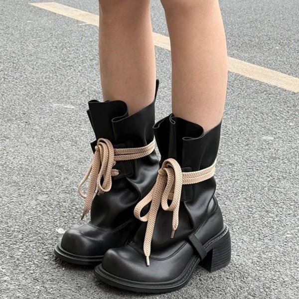 2025 spring new retro babes pile boots women's thick heel thin fashion boots round head height increase versatile Martin boots