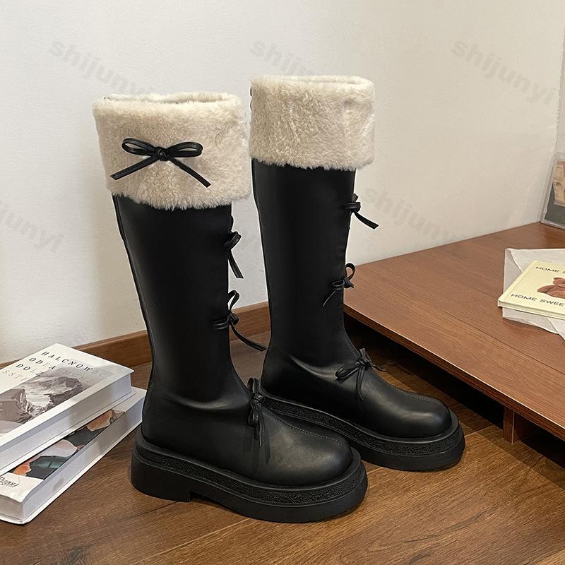 Women's Knee Boots 2026 Winter New Fashion Outdoor Warm Plush Snow Boots Thick Bottom Platform Bow Anti Slip Retro Long Boots