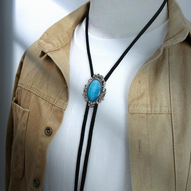 Men Women Handmade Vintage Bolo Tie Western Cowboy Braided Rope Necktie with Antique Stone Feathered Pendant Necklace