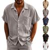 Men's Linen Button Down Shirt Vertical Stripe Pattern Short Sleeve Casual Loose Fit Breathable Summer Shirt with Turn Down Collar