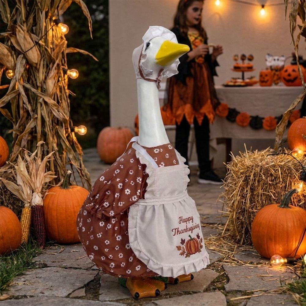 Pumpkin Print Goose Hat Dress Set Ruffled Hat Goose Apron Suit  Lawn Decoration