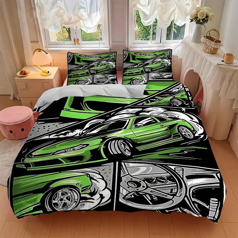 3pcs Drift Car Anime Cartoon Design Comforter Set with One Quilt Cover and Two Pillowcases (No Core) - Home Decor, Festival Gift, Polyester Fabric, Su