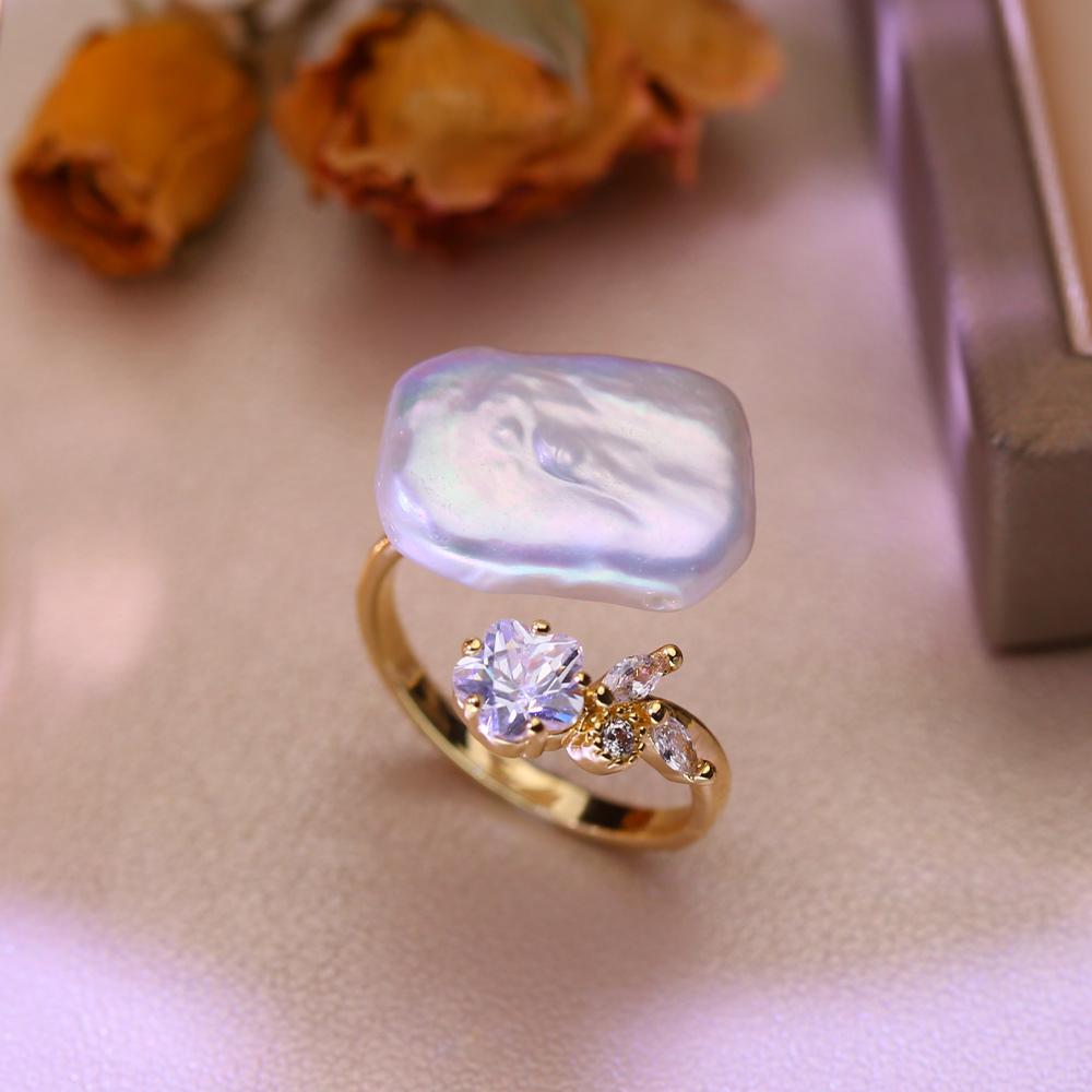 SENIKO 12-16mm Natural Freshwater Pearl Rings For Women Fashion Female Cubic Zirconia CZ Ring Pearl Jewelry Adjustable Ring