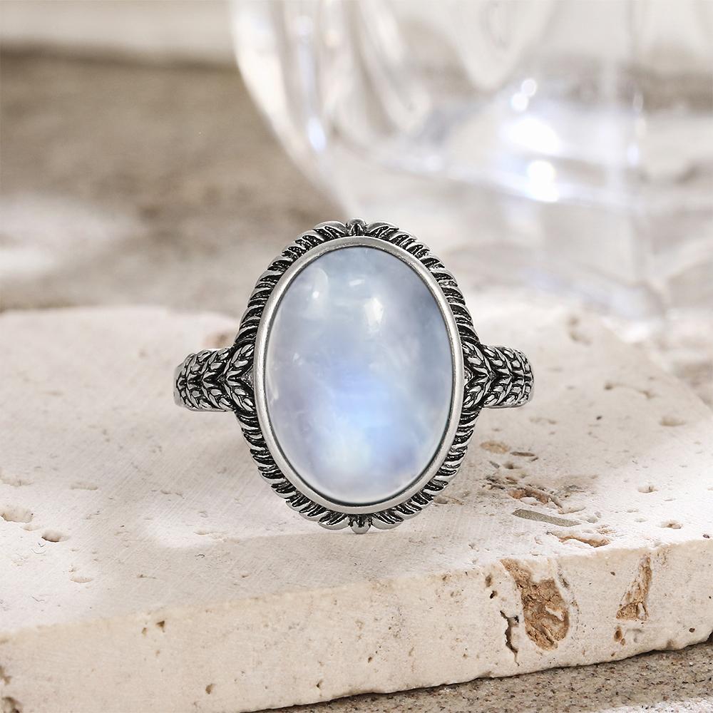 Vintage 925 Silver Ring Natural Moonstone Flower Ring 925 Hollow Eye Shape Round Sun And Moon Ring Fine Jewelry for Women Men