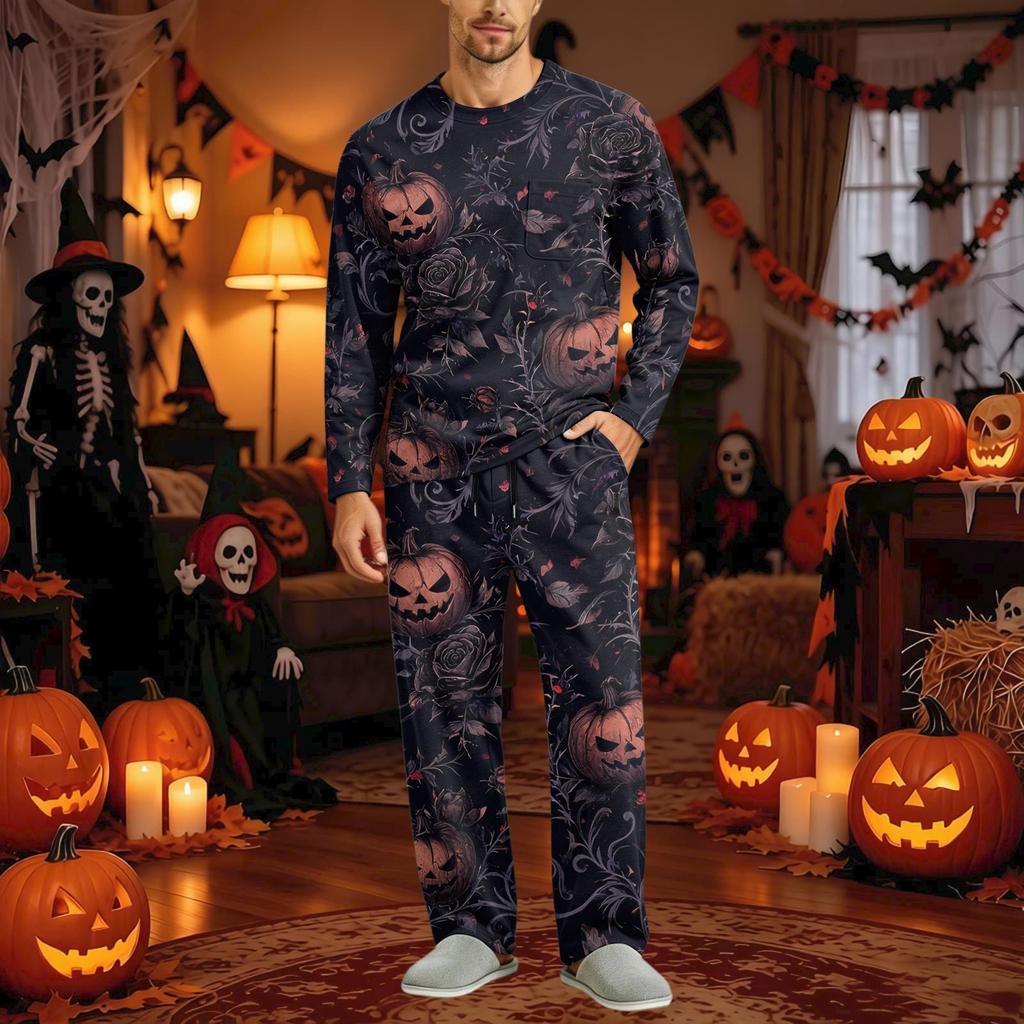Men's Halloween Pajama Set Long Sleeve with Buttoned Crotch and Elastic Drawstring Waist Sleepwear