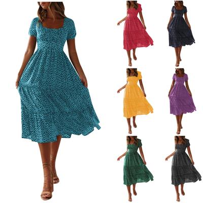 Women's Fashion Casual Square Neck Bubble Sleeve Floral Print Dress