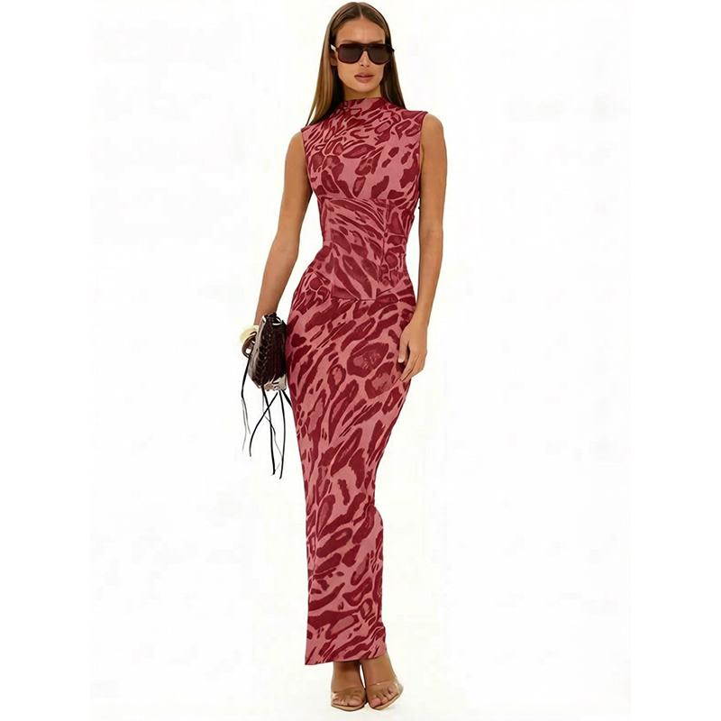 

Women s Leopard Print Corset Maxi Dress Spring Summer High Neck Sleeveless Boned Waist Slim Fit Drawstring 2 Piece Set Sexy Party Dress XL