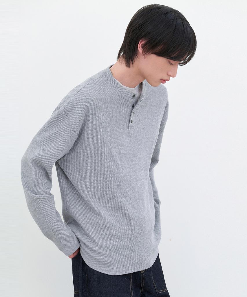 LEIRE Waffle Henley Neck Long Sleeve T-Shirt [Gray]
