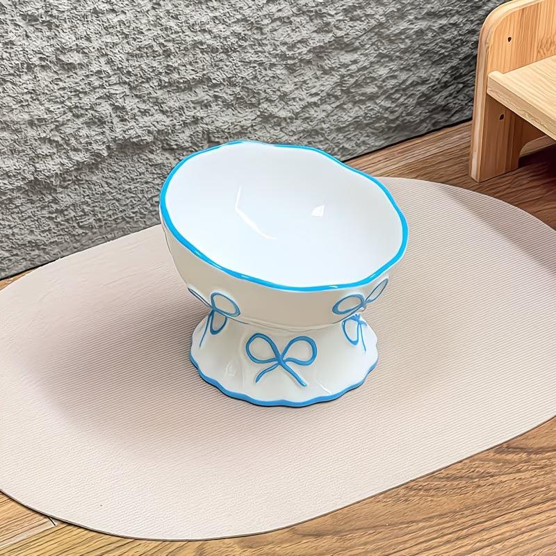 1pc Elevated Ceramic Cat Bowl with Embossed Bow, Raised Pet Food Water Bowl for Cats & Small Dogs
