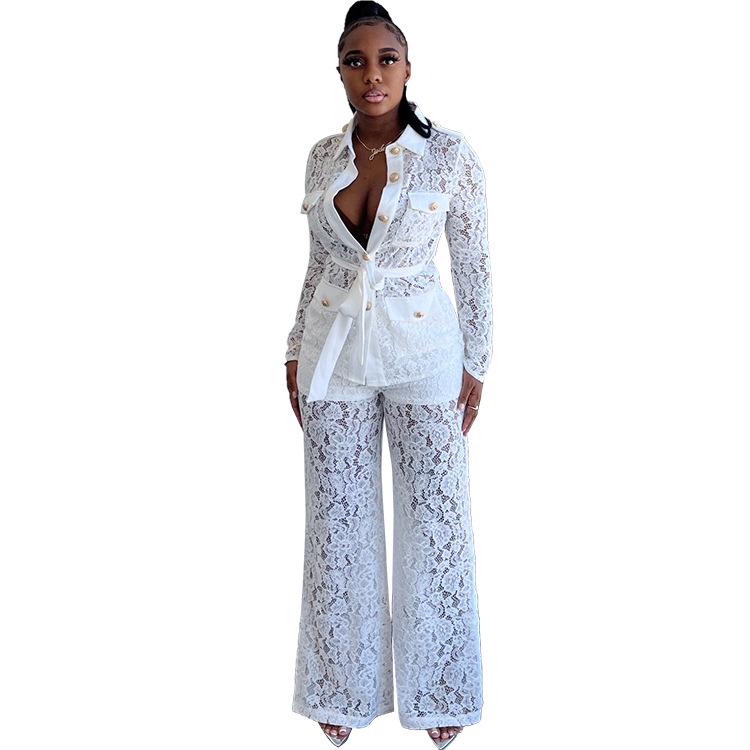 

Women s Sexy Lace Autumn Crochet Collar Long Sleeve Pants Set S білий