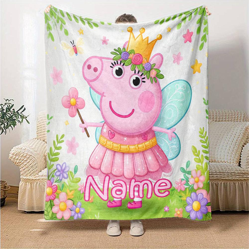 Custom Name Peppa Pig Theme Printed Blanket - Perfect for Couch, Bed, Travel & Outdoor Use | Machine Washable, Cozy & Durable.