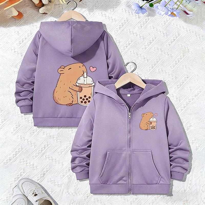Casual Hoodie Capybara Lovely Design Jacket for Boys Girls Zipper Spring and Autumn Trendy Animal Cartoon Sweatshirts Zip Up