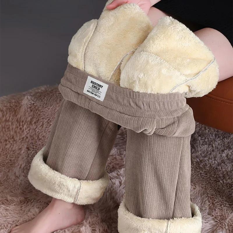 Winter Autumn Plus Size Women's Thickened Padded Warm Loose Solid Colour Trousers Tall Waist Leisure Straight Wide Leg Trousers