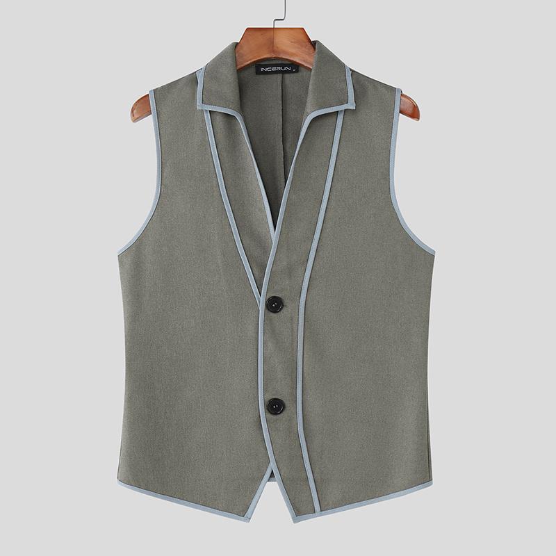 

INCERUN Мужской повседневный тонкий жилет без рукавов с лацканами и декоративной строчкой 5XL серый