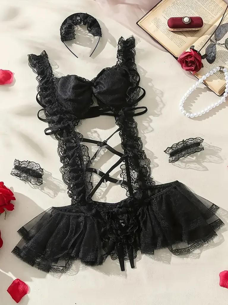 Naughty Maid Uniform Role Play Costume Bodysuit for Women Sexy Lingerie Bow Lace Suspender Dress Cosplay Underwear