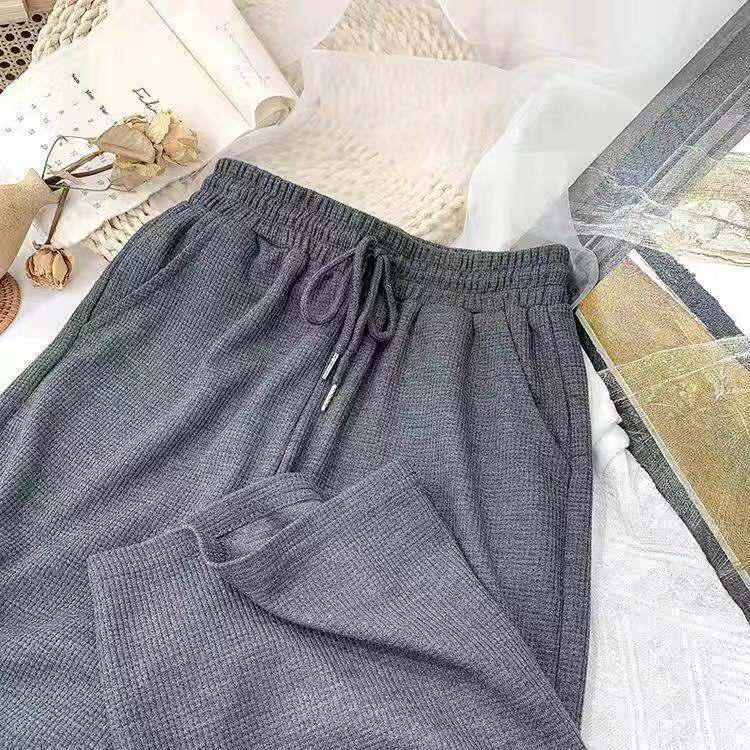 

Женские брюки с высокой посадкой, вафельной вязки, с широкими штанинами - Весна/Осень Large