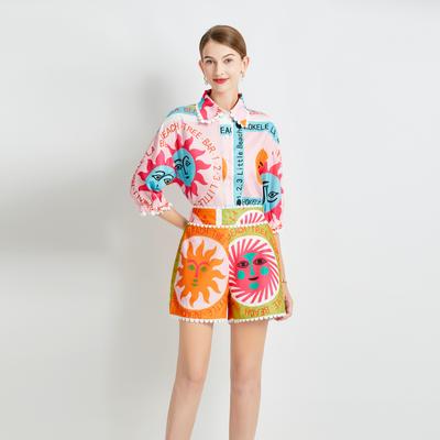 Spring Summer Designer Retro Print Pant Set Women Single Breasted Half Sleeve Shirt + High Waisted Wide Leg Shorts Two Piece Suit