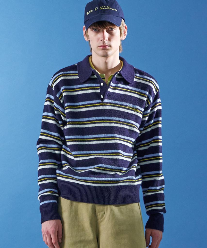 MOONSUN M.C Unisex, Stripe Wool Collar Knit / Navy