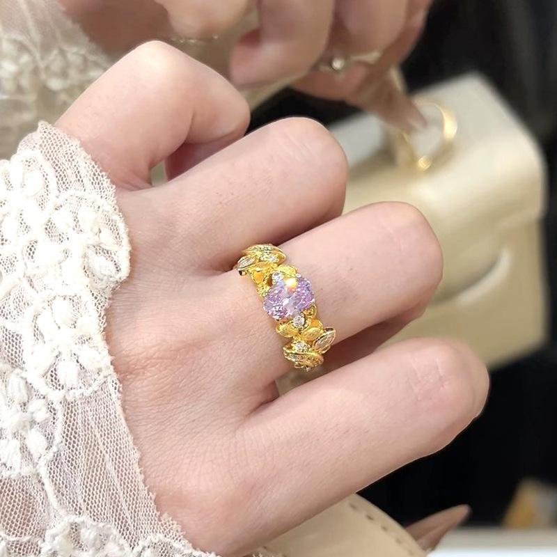 Vintage Palace Style Purple Zircon rings for women Light Luxury Exquisite flower ring Wedding Party Fine  adjustable