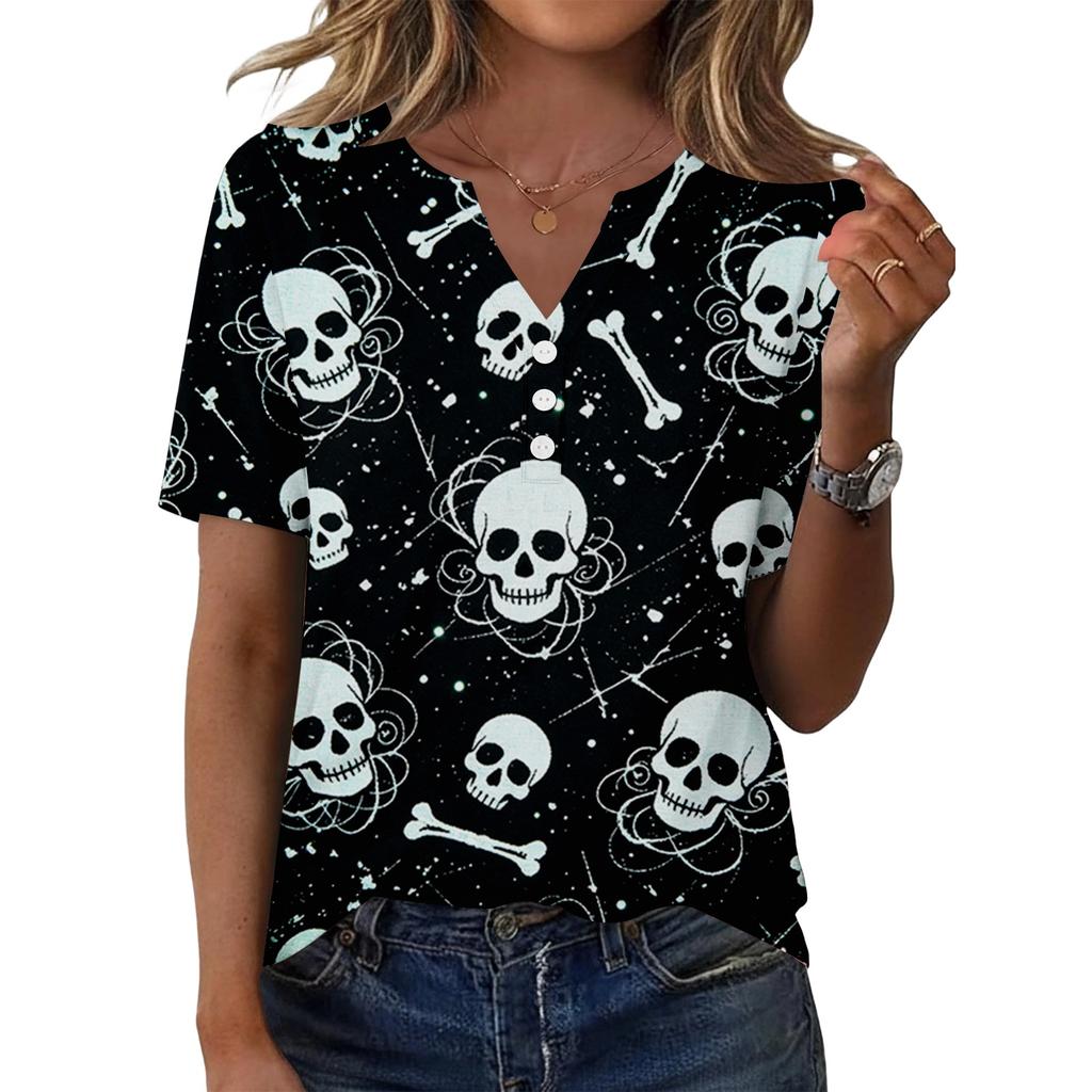 Womens Casual Halloween Print V Neck Short Sleeve Button Front T Shirt Top Lightweight Soft Fabric Comfortable Fit