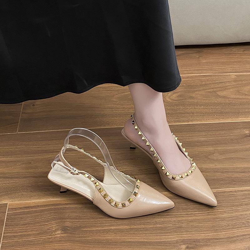 Baotou Sandals Women's 2025 New Summer French Pointed Thin Heel Light Mouth Word with Nude Rivet High Heels
