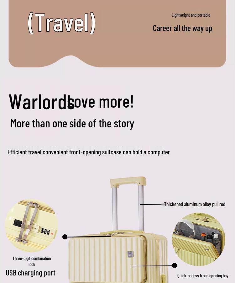 20-Inch Leather Front-Opening Suitcase with Universal Wheels and Combination Lock - Large Capacity for Men and Women