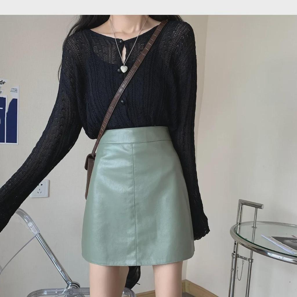 Green High-Waist A-Line PU Leather Skirt - Versatile Autumn/Winter Mini