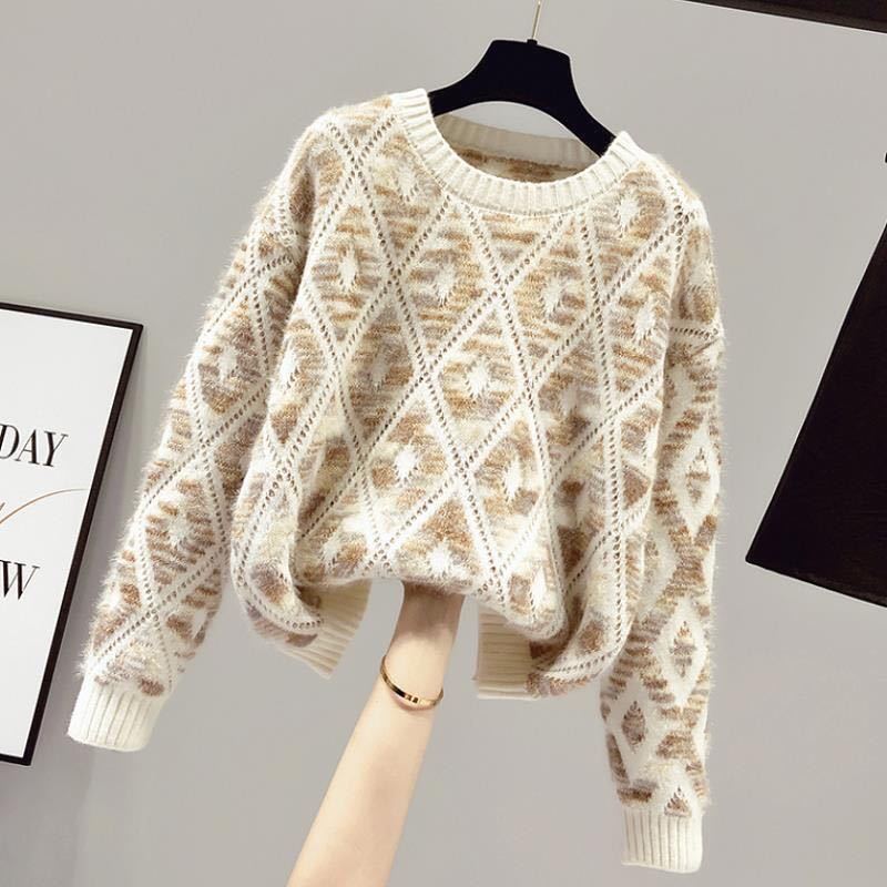 Sweater Wome Autumn Winter Thickened Warm Knitted Stretchy Long-Sleeve Oversized Top