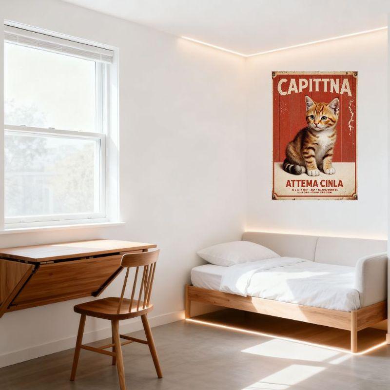 Vintage Red Wooden Plank Cat Kitten Metal Tin Sign, 'CAPITTNA' Distressed Serif Letters with Orange Tabby Cat Wall Decor for Bar