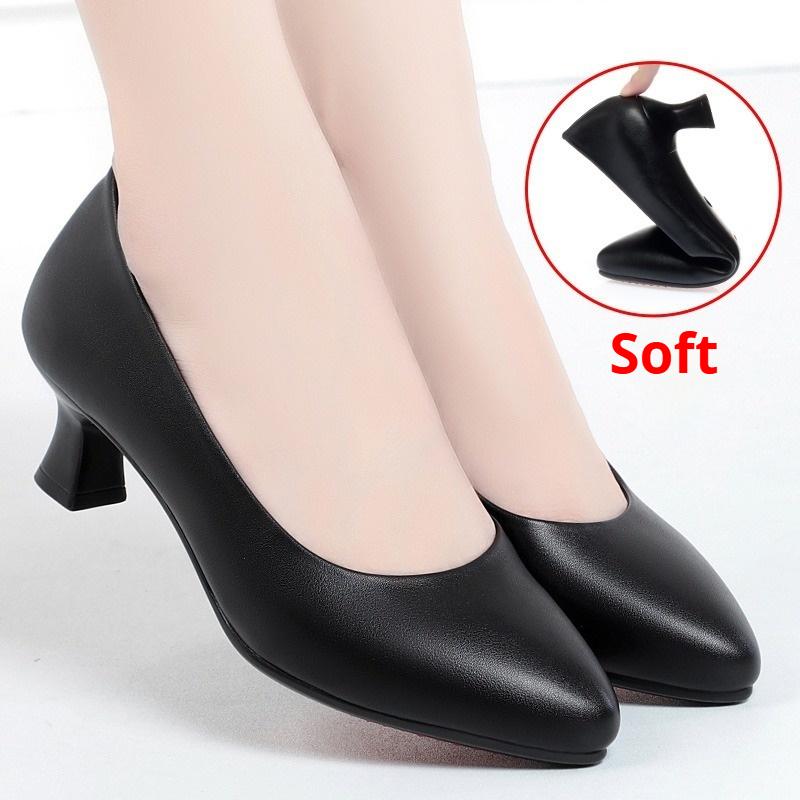 Pantofi de munca Negri Pantofi profesionali cu talpa moale Pantofi din piele Toc inalt Toc gros Pantofi singuri Pantofi dama Vara