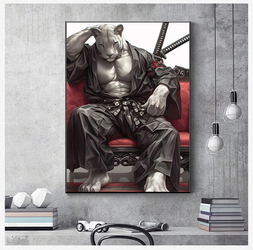 Interesting Animal Samurai White Cat Rhinoceros Tiger Wolf Abstract Poster Canvas Paintings Wall Art Pictures Home Decor