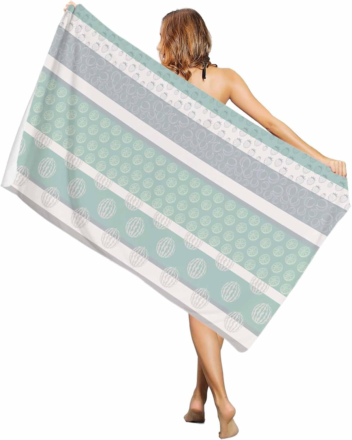 

Farm Fruits Beach Towel, Sandproof Large Beach Towels for Adults, Watermelon Lemons Peach Green Grey Striped Quick Dry Pool Yoga W40*H60(CM)