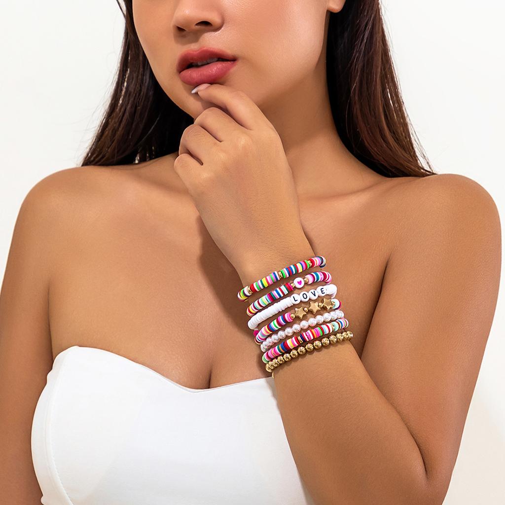 Soft Pottery Colored Alphabet Bracelet Set, Bohemian Star Beaded Hand Jewelry Bracelet