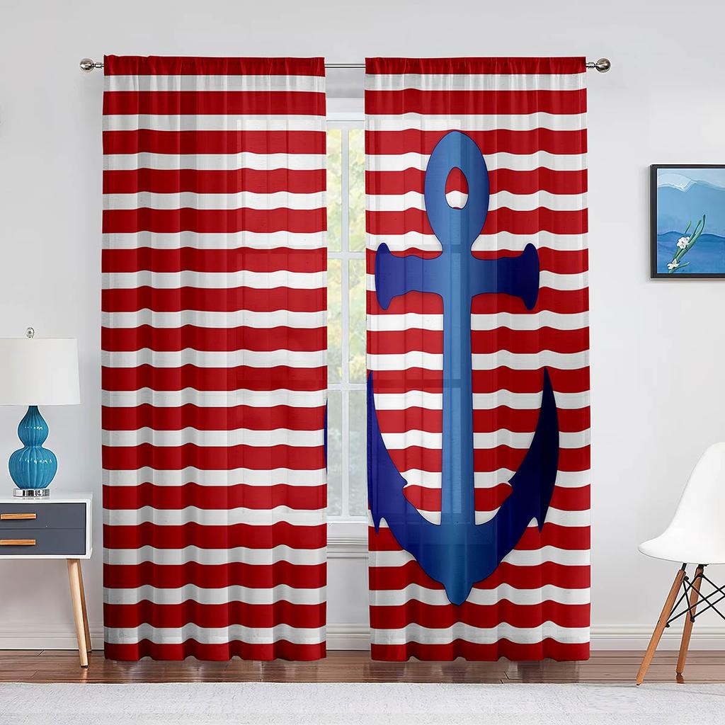 Nautical Anchor Rustic Grey Wooden Sheer Window Curtains Bedroom Modern Chiffon Drape Tulle Living Room Kitchen Voile Curtain