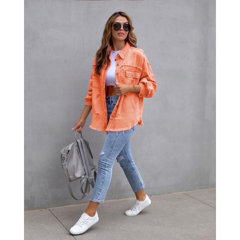 Women Pocket Hole Tassel Turndown Collar Denim Button Casual Boho Full Long Sleeve Spring Cardigan Jacket Coats Outerwear