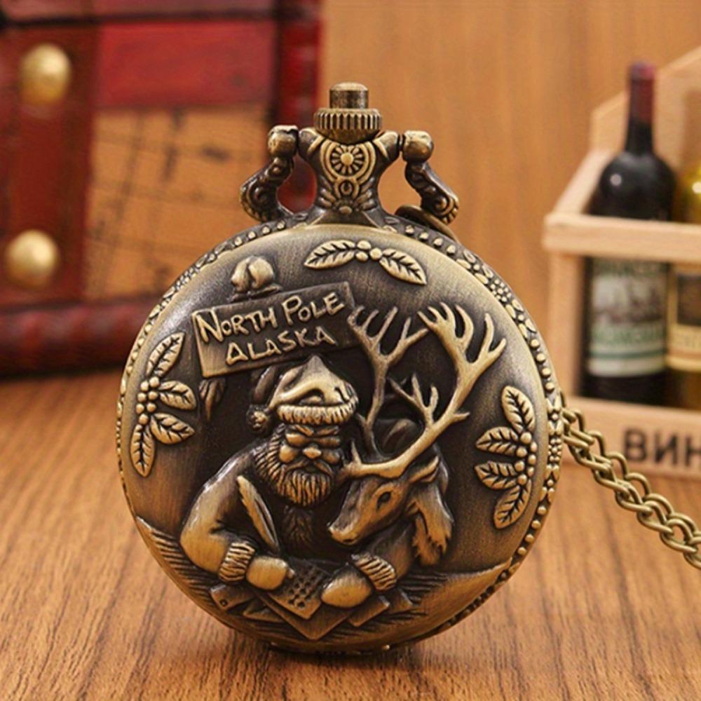 2 pezzi/set, Orologi da tasca da donna, Classico alla moda Babbo Natale Renna Orologio da tasca al quarzo, Collana a catena moda natalizia vintage Orologio da donna.