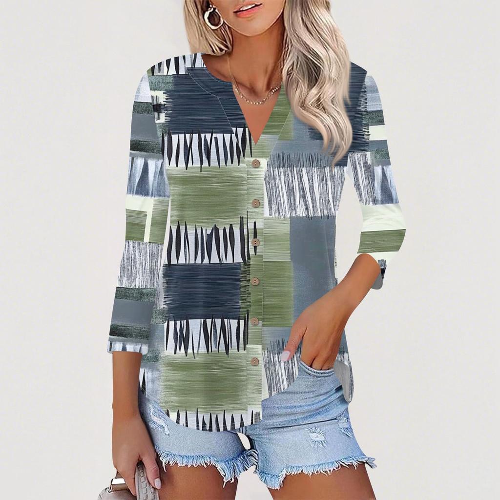 Cardigan a bottoni da donna T-shirt a maniche 3/4 con scollo a V T-shirt casual moda con stampa Top